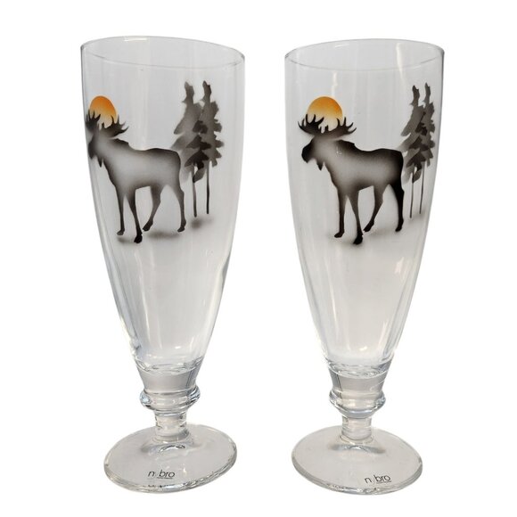 Nybro Other - Pair of Nybro Elk Moose Beer Glasses Sweden 8" READ
